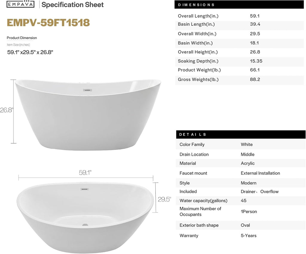 Empava 59 Inch Freestanding Bathtub, Acrylic Deep Soaking Tub, White