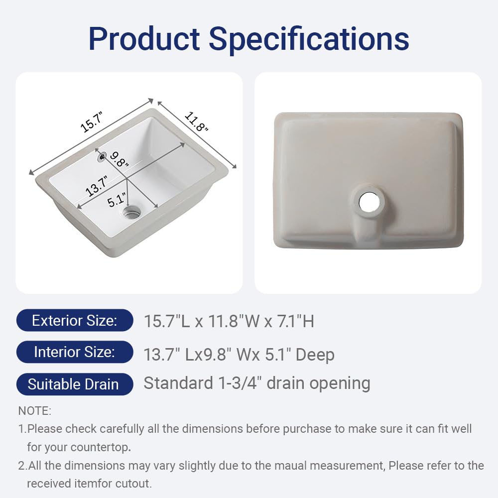 18in Undermount Bathroom Sink Rectangular, 18.1" x 13.8" Vessel Sink Rectrangle Undermount Bathroom Sink White Ceramic Lavatory Vanity Vessel Sink with Overflow