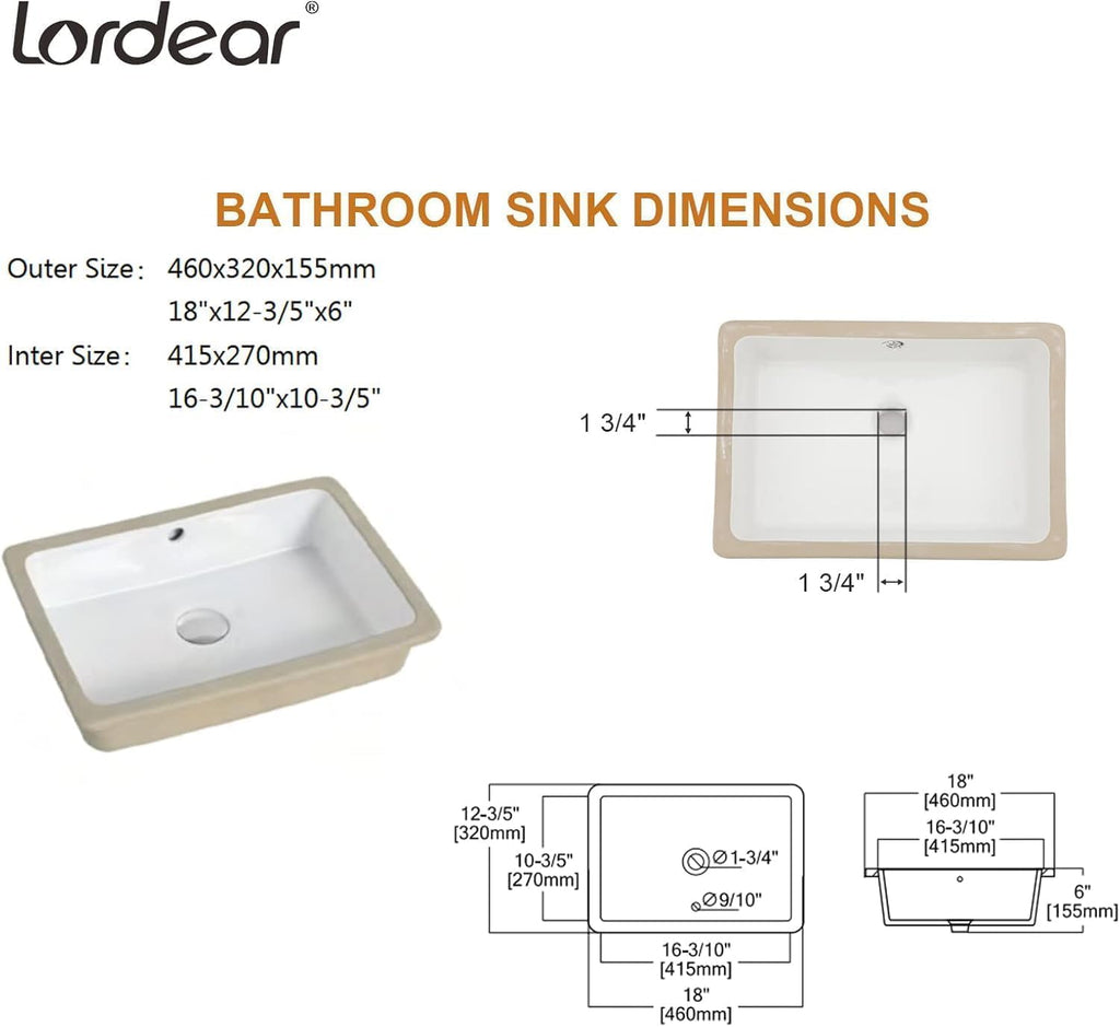 Lordear 17x12 Inch Undermount Bathroom Sink (Installation Size: 15"x10") Vanity Small Sinks Rectangle Pure White Porcelain Ceramic Bath Lavatory Vanity Sink Basin with Overflow