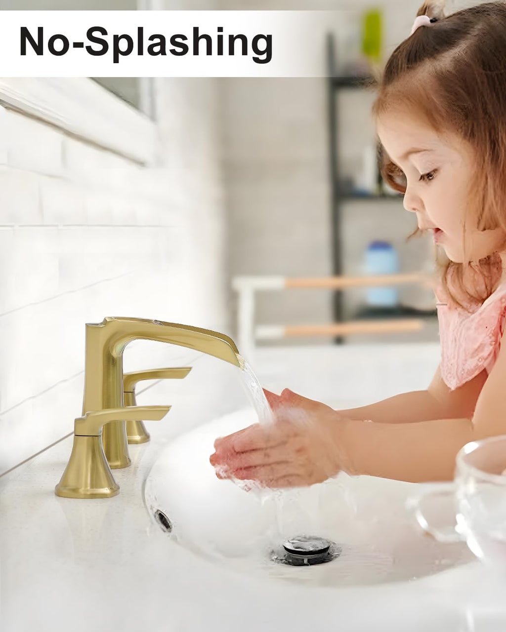 Fapully Brushed Nickel Bathroom Faucet 3 Hole, Waterfall 8 Inch Widespread Bathroom Sink Faucet with Pop-up Drain, Two-Handle Faucet for Bathroom Sink