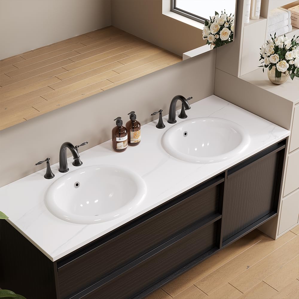 Bathroom Rectangle Vessel Sink 20" x 15" Semi Recessed Sink White Drop in ceramic Sink with Overflow Modern Sinks Bowl Vanity Above Counter Basin