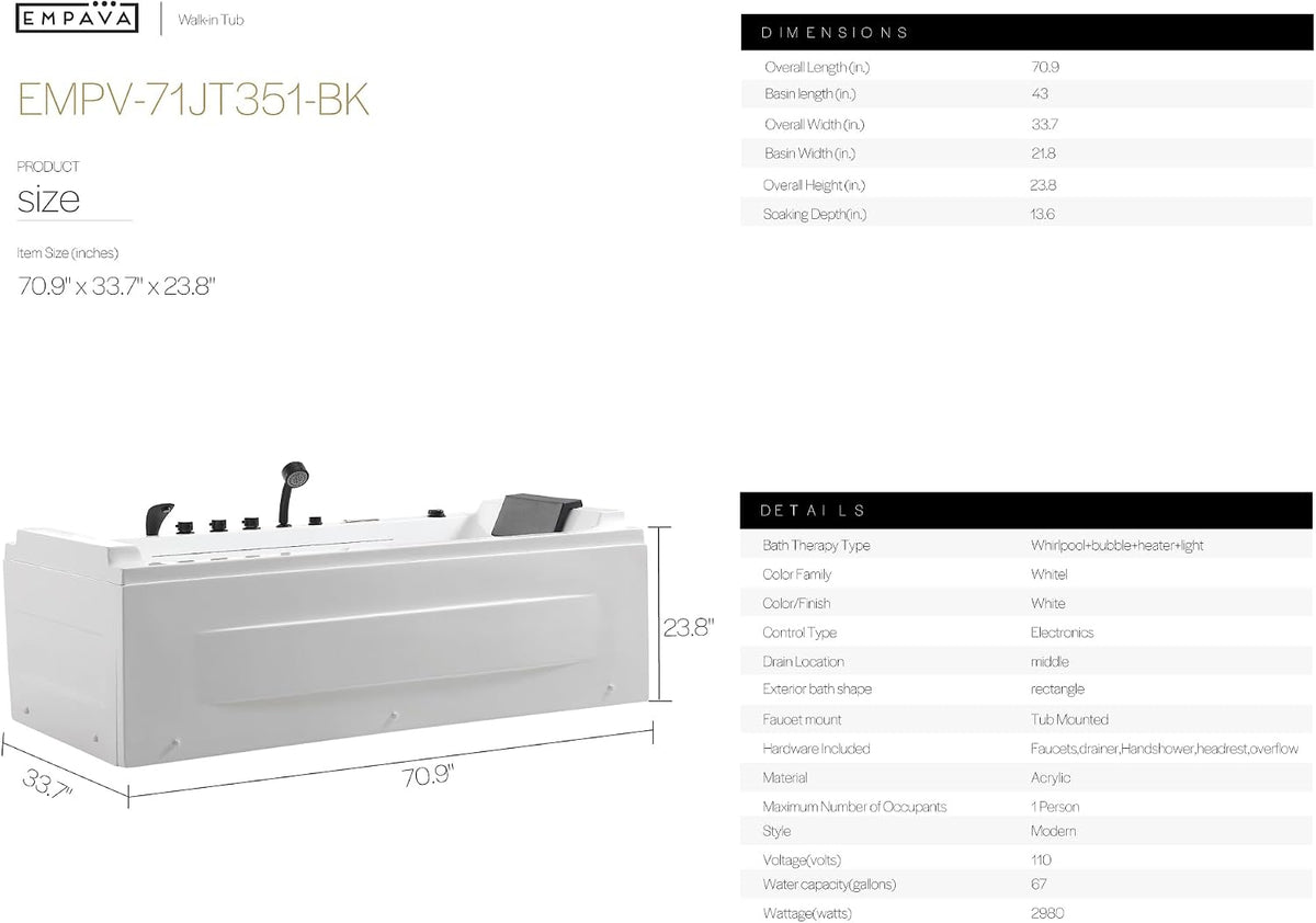 Empava Acrylic Whirlpool Bathtub, 71" Jetted Tub with Healing Chromotherapy