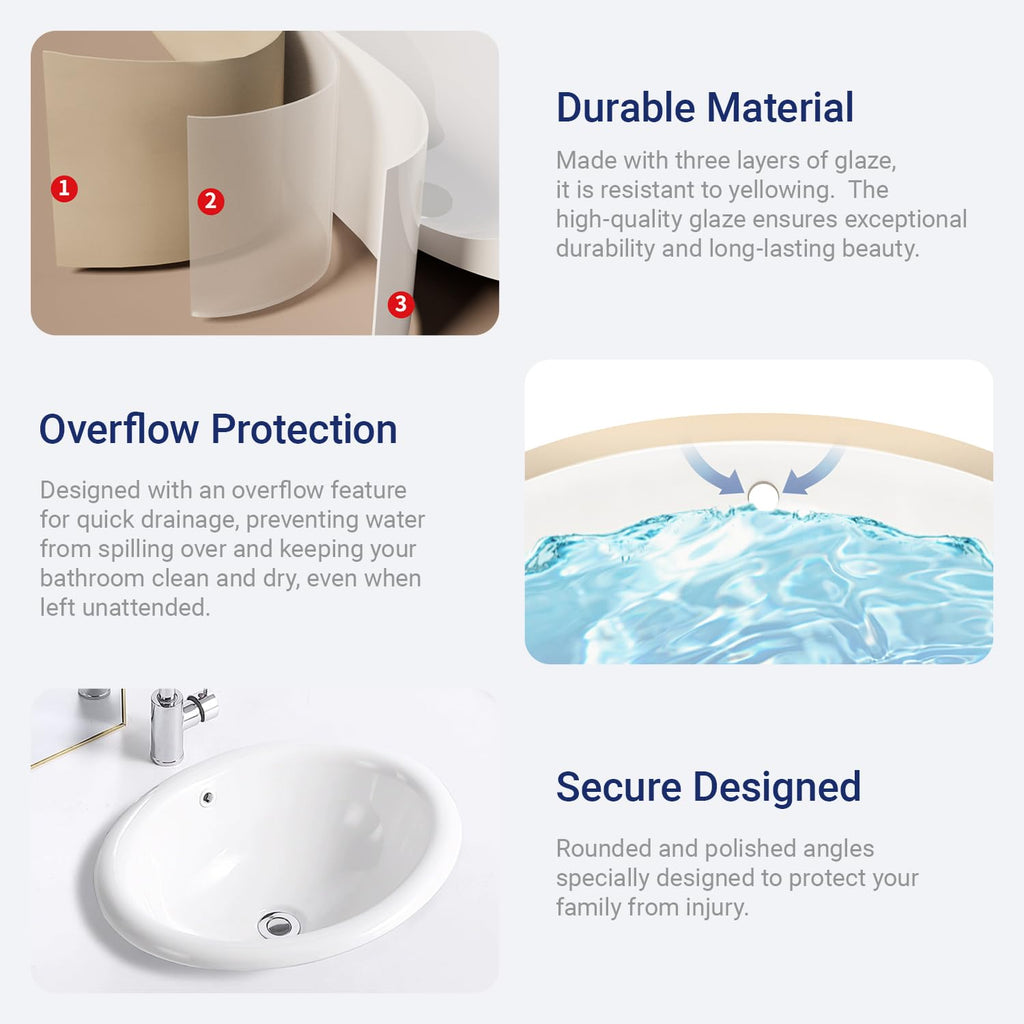 Bathroom Rectangle Vessel Sink 20" x 15" Semi Recessed Sink White Drop in ceramic Sink with Overflow Modern Sinks Bowl Vanity Above Counter Basin