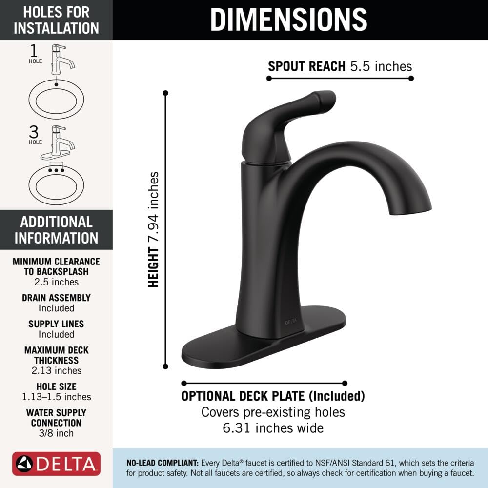 Delta Arvo Brushed Nickel Bathroom Faucet 1 Hole, Single Hole Bathroom Sink Faucet for Vanity, Push-Pop Drain Assembly, Spotshield Stainless 15840LF-SP