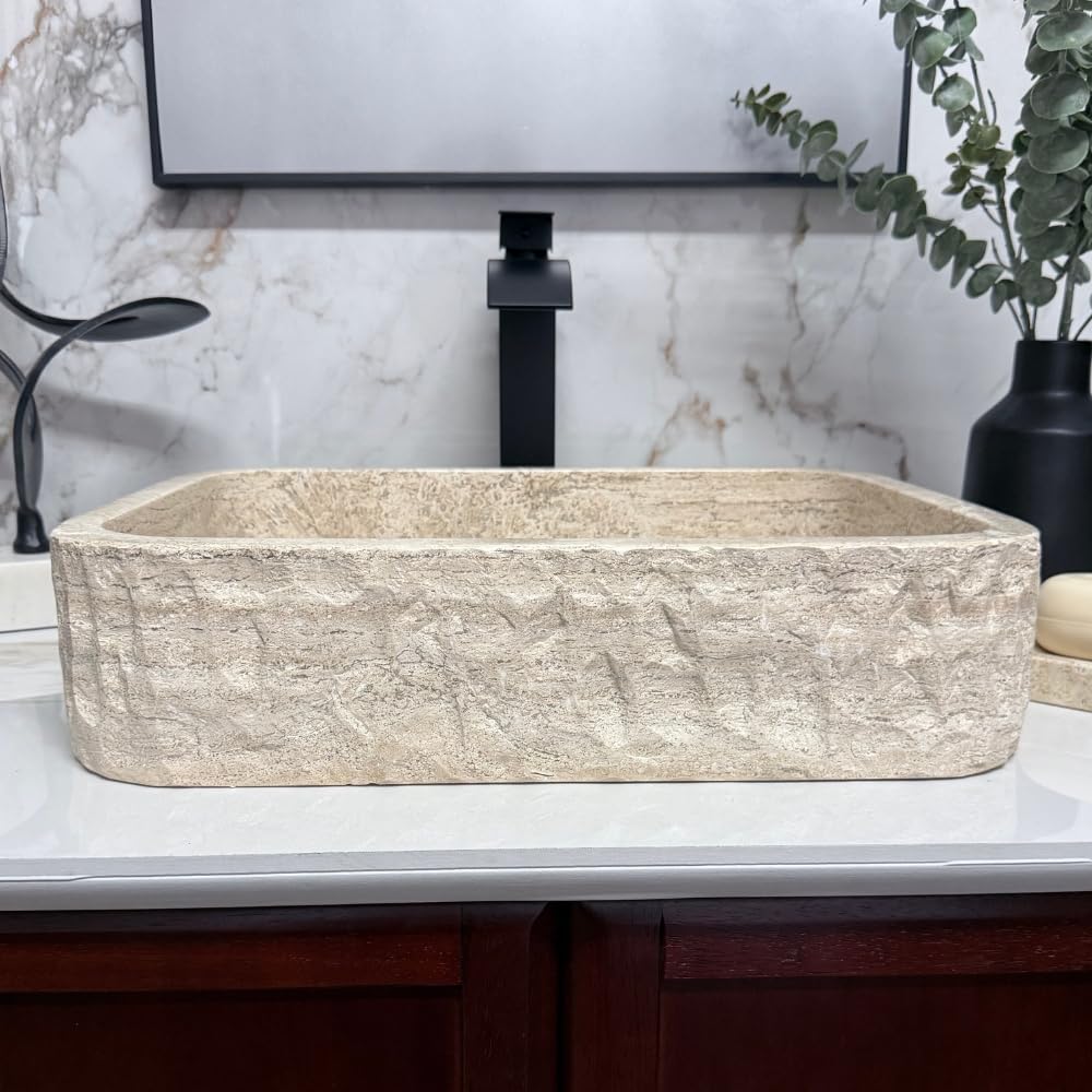 Oval Travertine Vessel Sink â Natural Stone Wash Basin, Hand-Carved Bathroom Sink with Chiseled Exterior & Polished Interior, Above Counter Vanity Basin (Includes Matching Soap Tray)