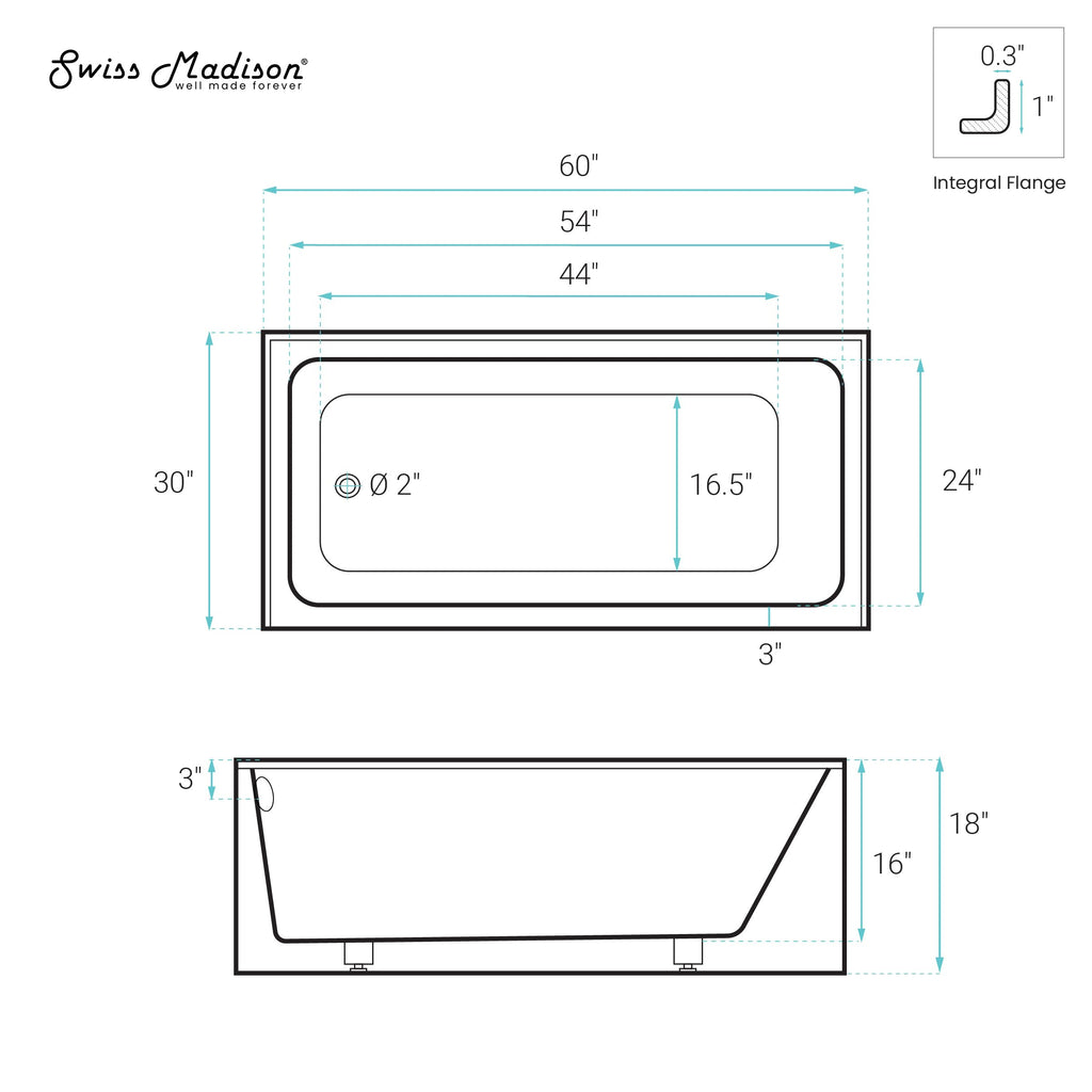 Voltaire 60" x 30" Right Drain Skirted Soaking Bathtub with Apron ADA Height in Glossy White
