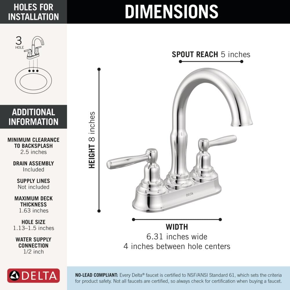 Delta Roe Centerset Brushed Nickel Bathroom Faucet, 4 Inch 3 Hole Bathroom Sink Faucet for Vanity, Push-Pop Drain Assembly, Stainless 25985LF-SS