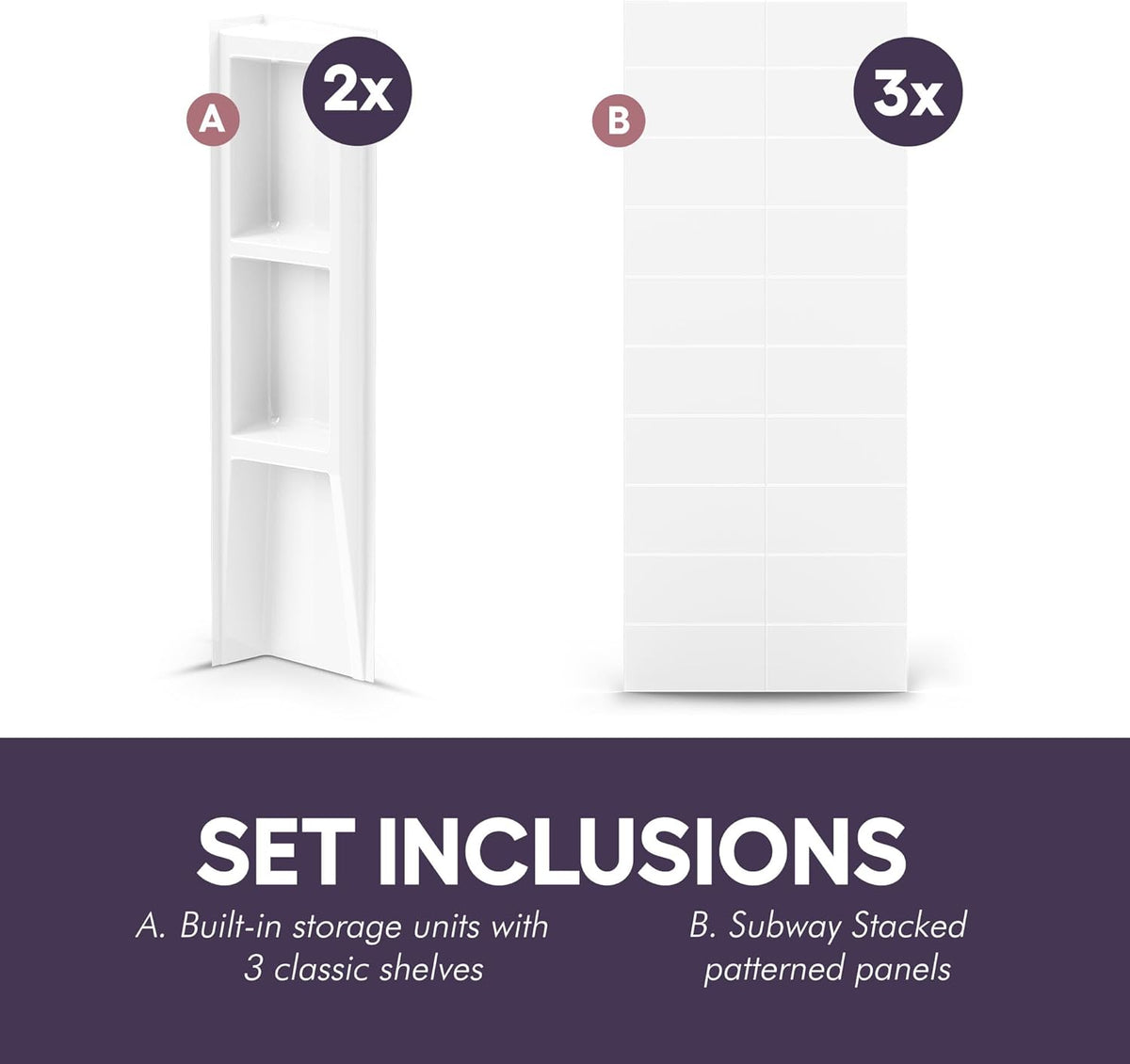 White Acrylic Tub Wall Surround D32 x W60 x H58 - Stacked Tiles Pattern
