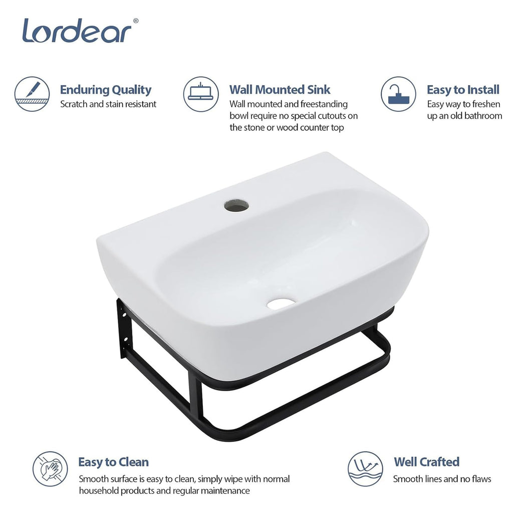 Lordear Wall Mount Bathroom Sink 21x12 Inch White Rectangle Sink with Overflow Porcelain Ceramic Floating Bathroom Vessel Sinks, Wall Hung Wash Hand Basin