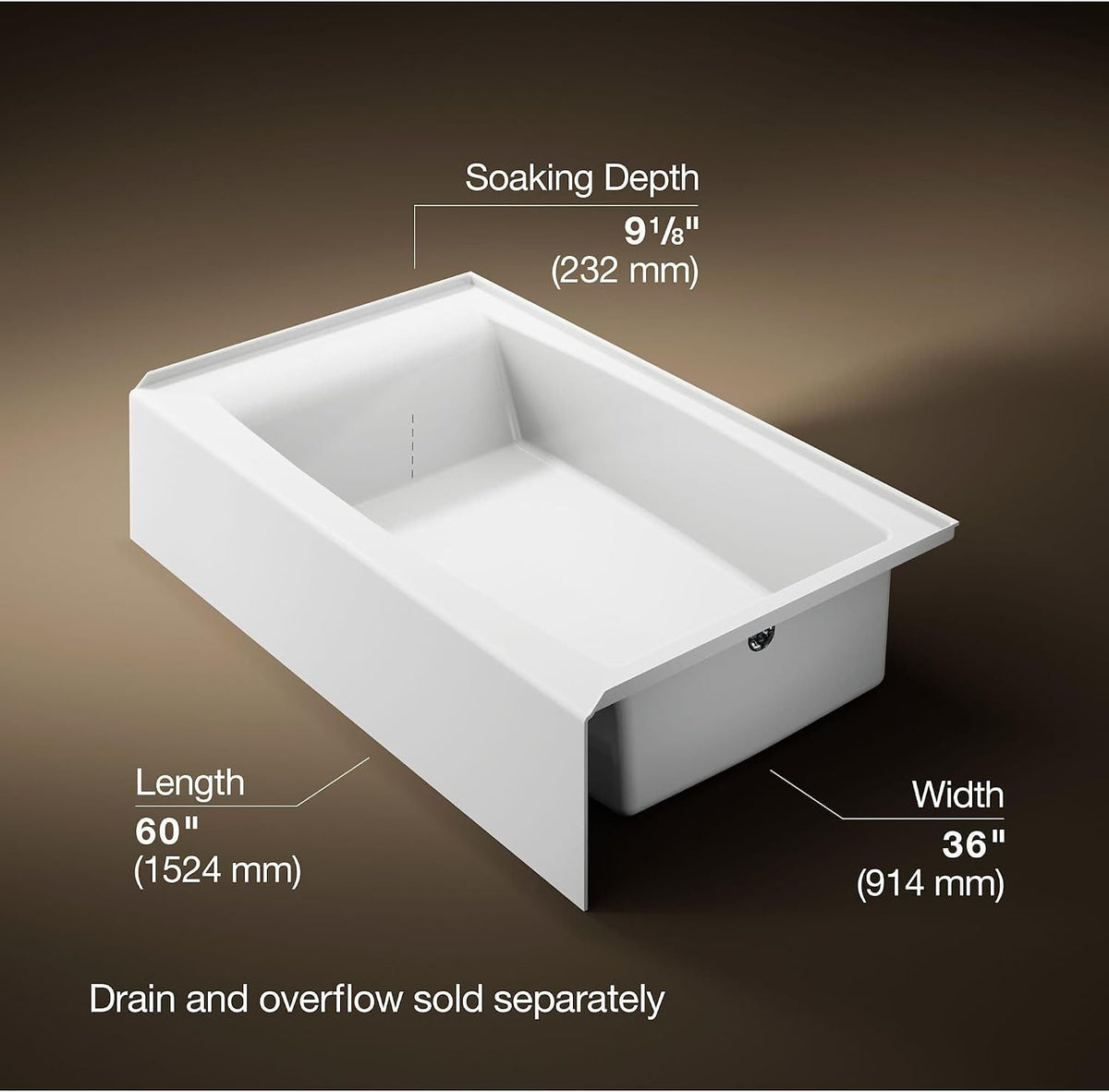 Kohler K-26107-RA-0 Entity 60" x 36" Alcove Bath, Right Drain, White