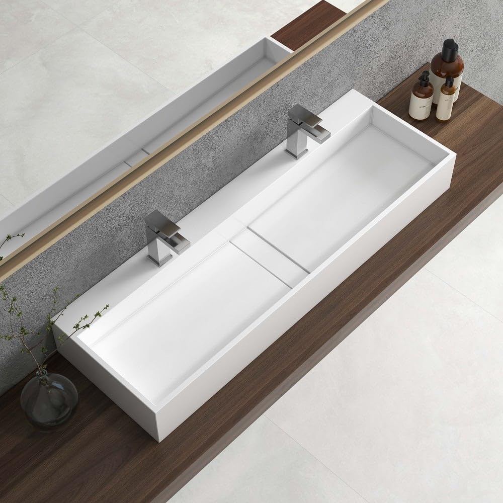 47'' Bathroom Vessel Sink Double-Bowl Bathroom Sink Wall Mounted Trough Floating Sink in Matte White