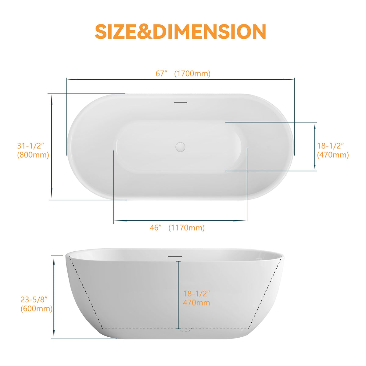 61" Freestanding Bathtubs, Acrylic Soaking Tubs for Adult, Integrated Overflow and Drain, cUPC Certified, Glossy White