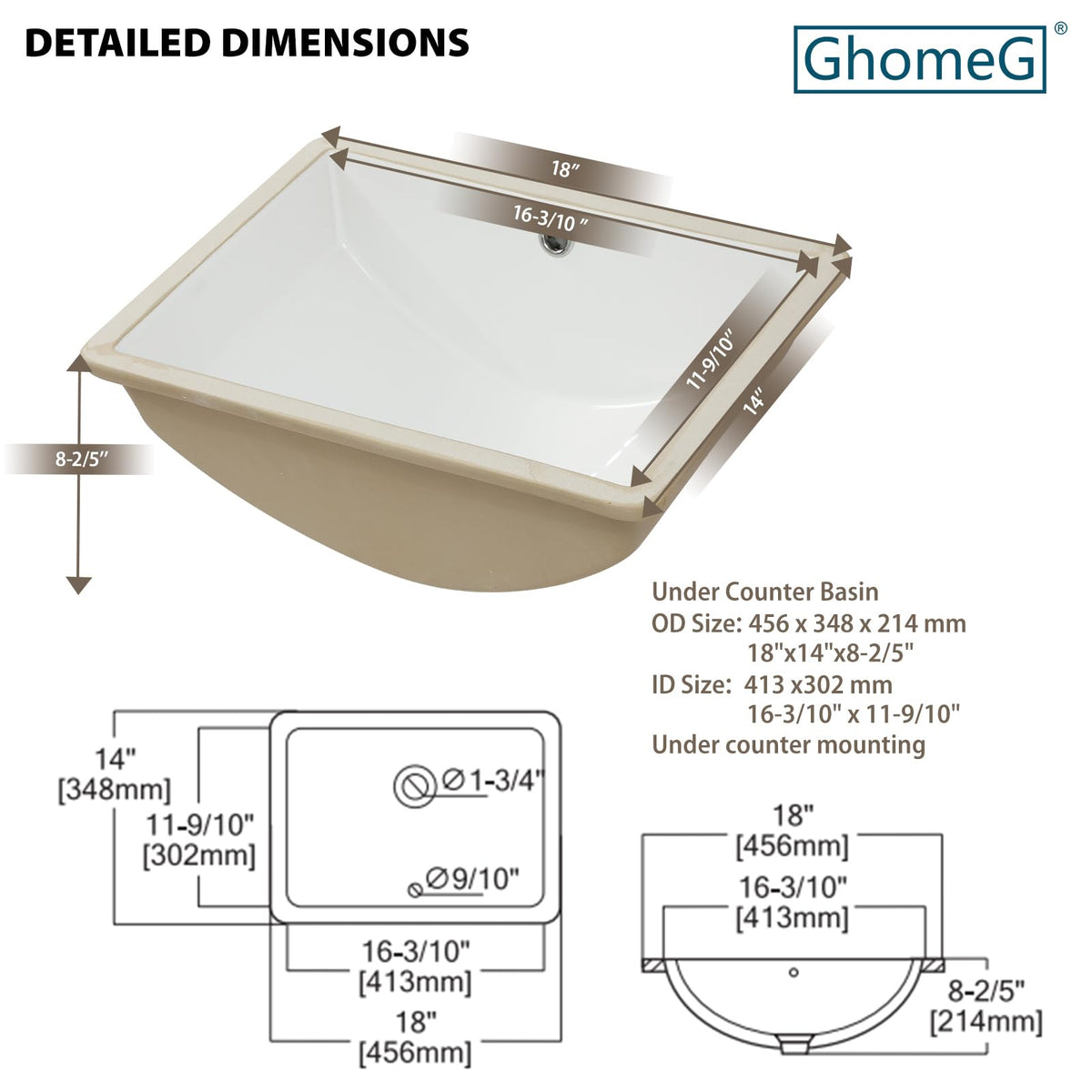 17 Inch Undermount Bathroom Sink Rectangle White