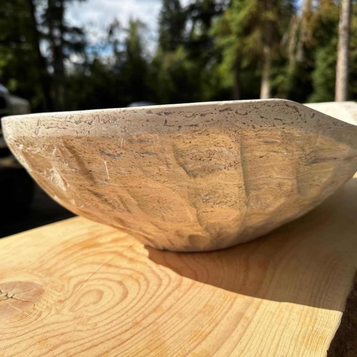 Oval Travertine Vessel Sink â Natural Stone Wash Basin, Hand-Carved Bathroom Sink with Chiseled Exterior & Polished Interior, Above Counter Vanity Basin (Includes Matching Soap Tray)