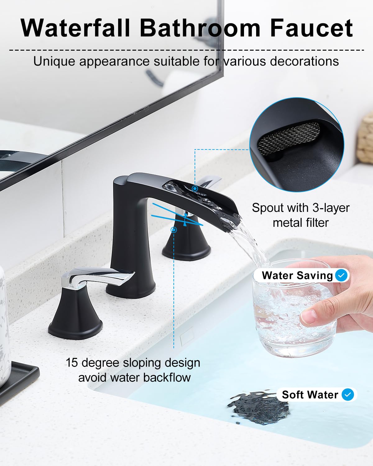 Fapully Brushed Nickel Bathroom Faucet 3 Hole, Waterfall 8 Inch Widespread Bathroom Sink Faucet with Pop-up Drain, Two-Handle Faucet for Bathroom Sink