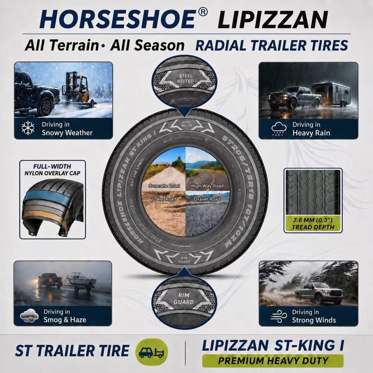 HORSESHOE LIPIZZAN 4 New ST225/75R15 12PR ST-KING II Steel Belted Radial LRF Super Heavy Duty Premium Trailer Tires w/Featured Rim-Guard-Wall 120/115M 81mph BSW 225 7515 A/T A/S (4, ST 225/75R15 12PR)