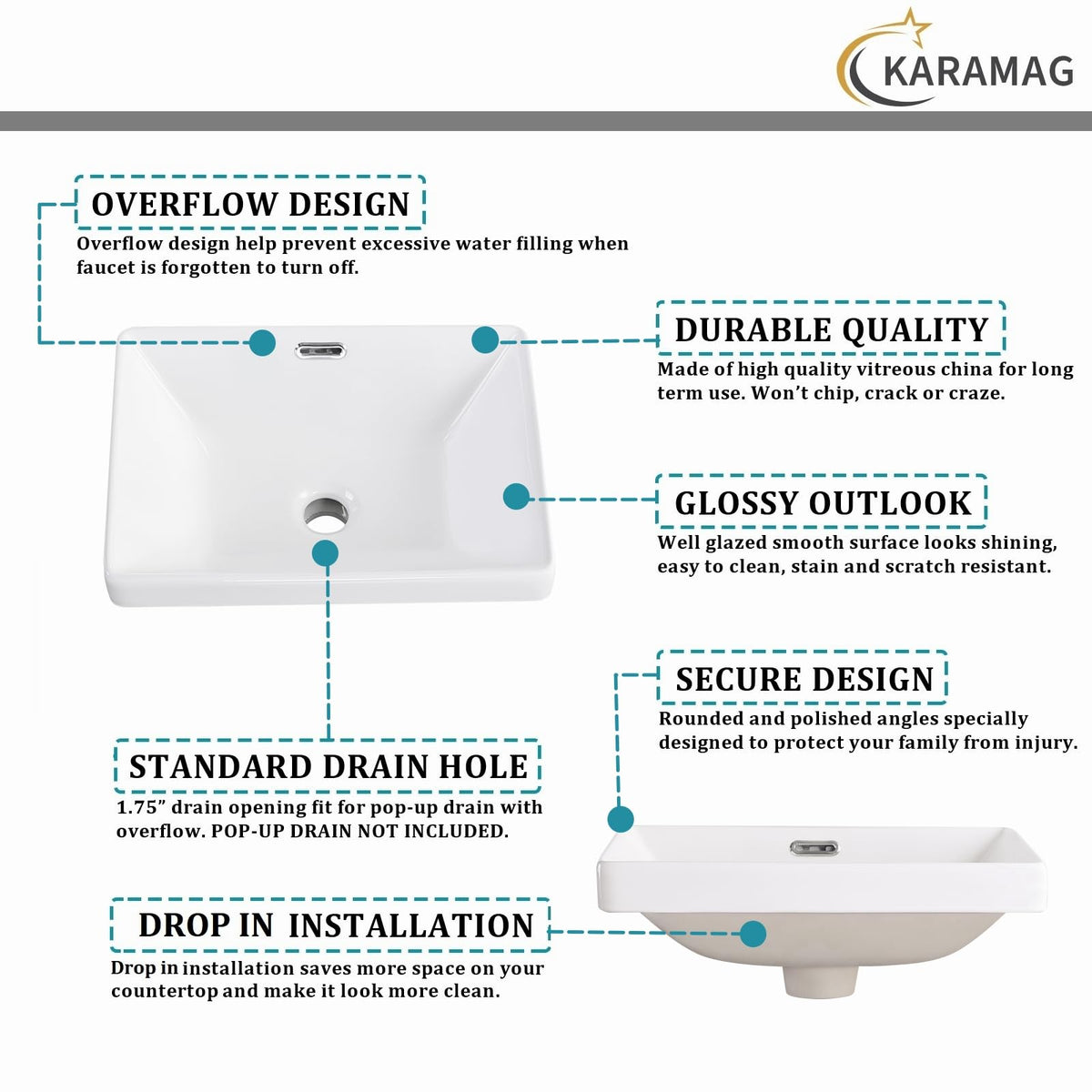 19 Inch Drop In Bathroom Vessel Sink with Overflow Rectangle White