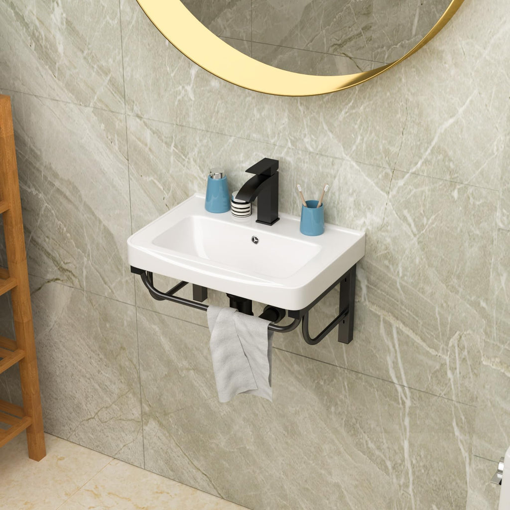 Lordear Wall Mount Bathroom Sink 21x12 Inch White Rectangle Sink with Overflow Porcelain Ceramic Floating Bathroom Vessel Sinks, Wall Hung Wash Hand Basin