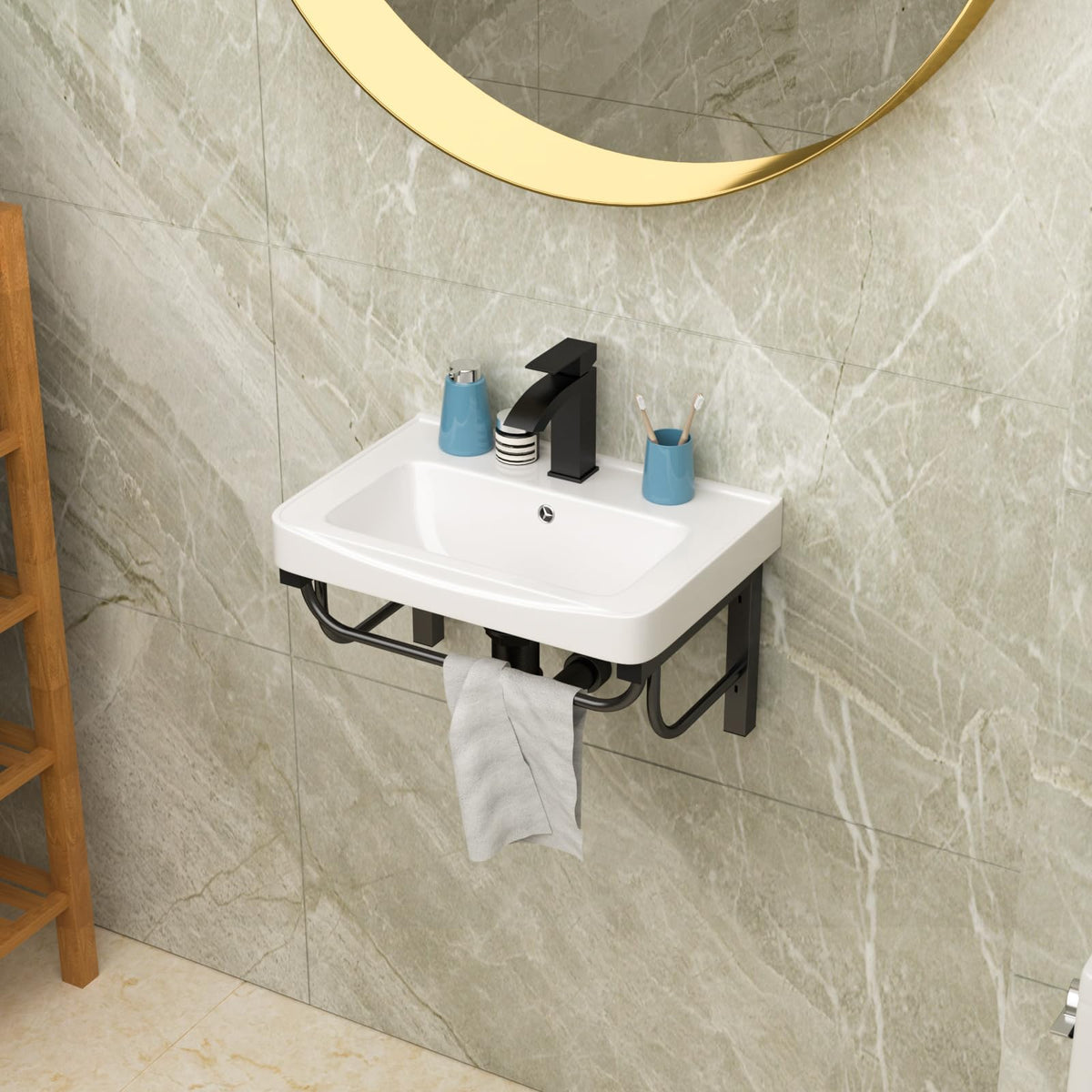 Lordear Wall Mount Bathroom Sink 21x12 Inch White Rectangle Sink with Overflow Porcelain Ceramic Floating Bathroom Vessel Sinks, Wall Hung Wash Hand Basin