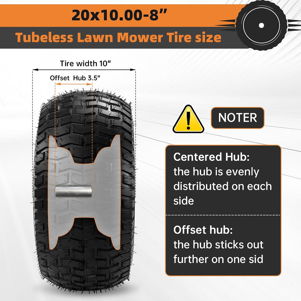 2-Pack 20x10.00-8 Tubeless Lawn Mower Rear Tire and Wheel Assembly, 4-Ply.