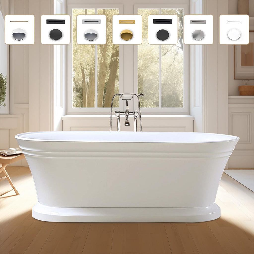Vanity Art 59 x 30 Inches Freestanding Bathtub Acrylic Modern Stand Alone Soaking Tub with UPC Certified Slotted Overflow and Pop-up Center Drain, White VA6610-S
