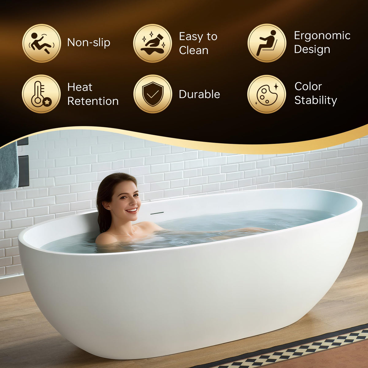 WOODBRIDGE 61" Stone Resin Freestanding Soaking Tub, Modern Oval Solid Surface Bathtub with Integrated Slotted Overflow & Drain, Matte White