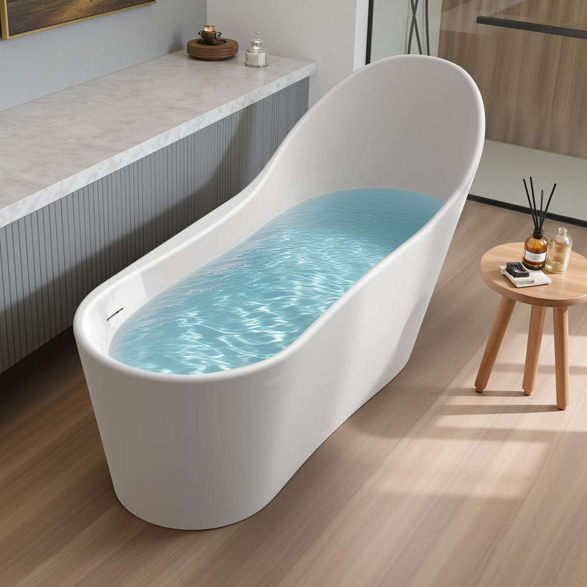 61''Stone Resin Freestanding Bathtub,Solid Surface Soaking Tub with Deep Bath Design, Modern Oval Free Standing Tub with Integrated Drain & Hidden Overflow, Starry Gray