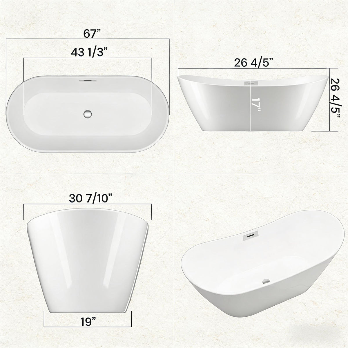 67'' Acrylic Freestanding Bathtub, Extra-Deep Soaking Free Standing Tub for Luxurious Bathing Experience, with Chrome Drain, for Main Bathroom, Black & White