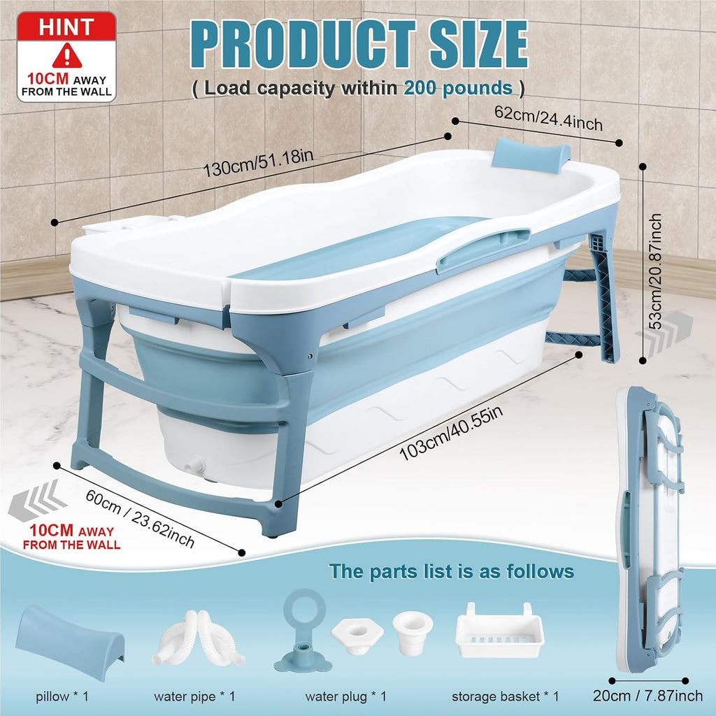51" Large Foldable Bathtub for Adult[No Installation] - Portable Bathtub for Shower Stall | Collapsible Bath Tub with Dual Drains for Shower | Bathroom Freestanding Bathtubs | Ice Hot Bath Tubs