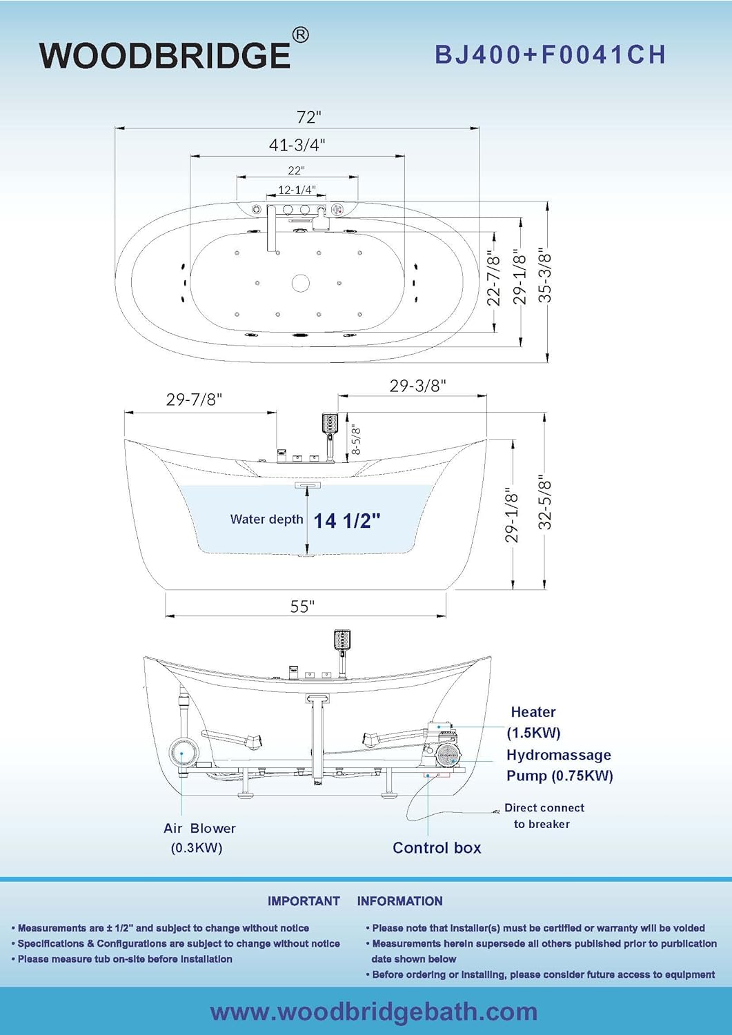 WOODBRIDGE 72"Ã35-3/8" Whirlpool & Air, Heated Soaking Bathtub with Faucet