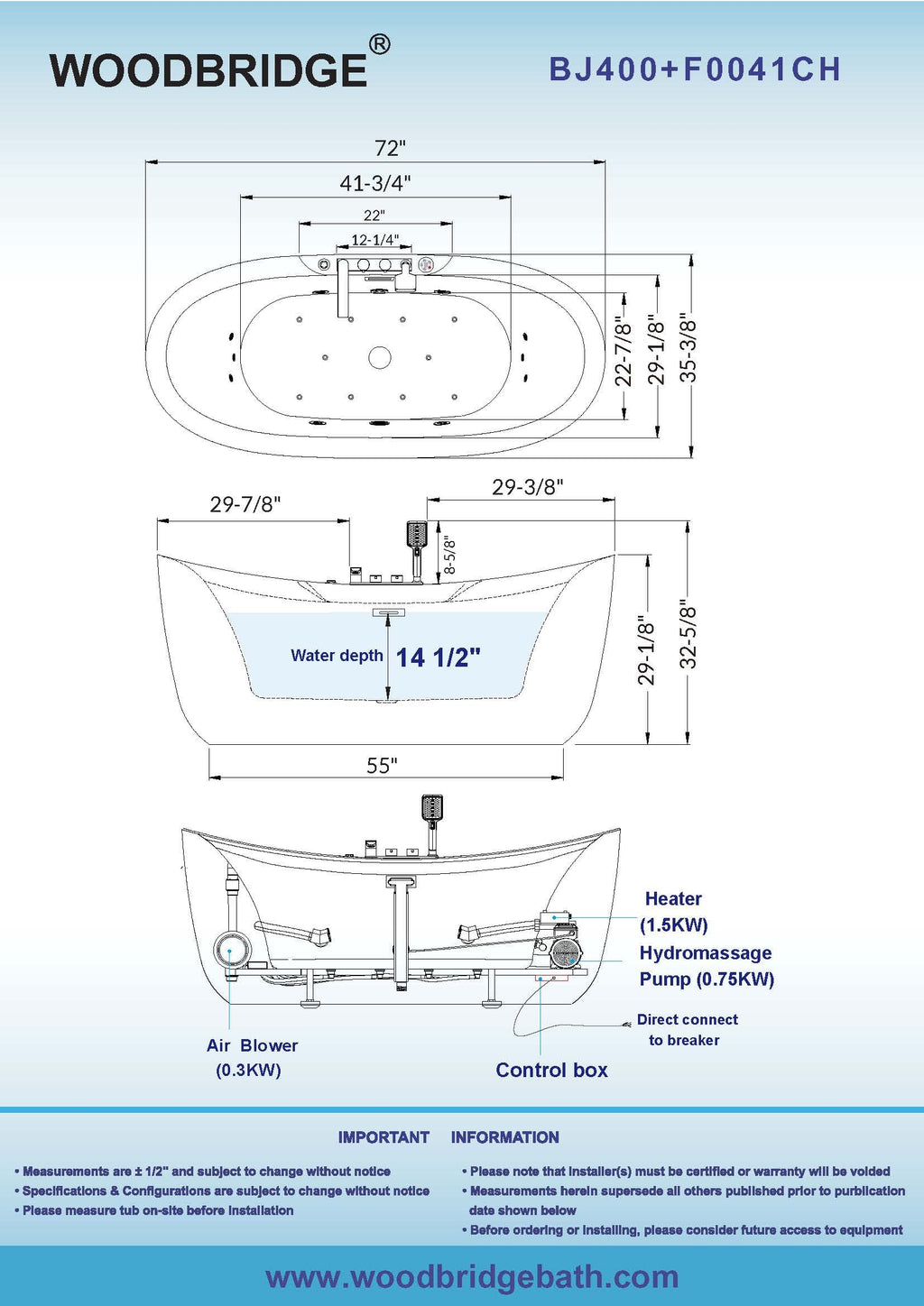 WOODBRIDGE 72"Ã35-3/8" Double Slipper Whirlpool&Air, Heated Soaking Bathtub