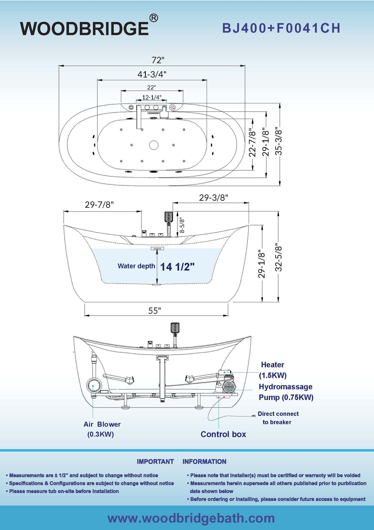 WOODBRIDGE 72"Ã35-3/8" Double Slipper Whirlpool&Air, Heated Soaking Bathtub