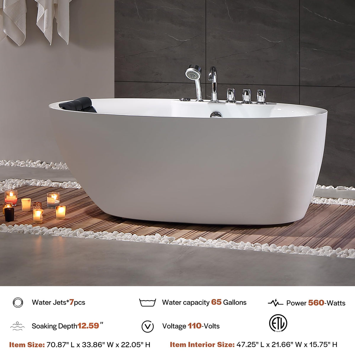 Empava 59" Freestanding Jetted Boat Shaped Whirlpool Bathtub, 8 Jets, ETL