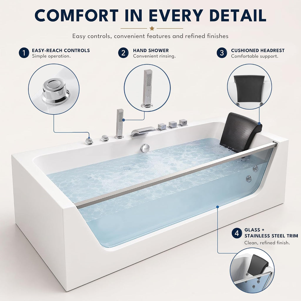 Empava 60" Acrylic Alcove Whirlpool Bathtub, Jetted Soaking Tub
