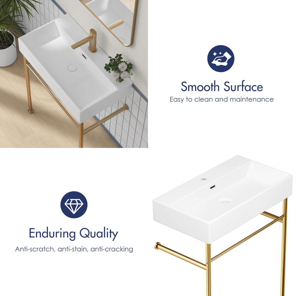 Eridanus 24"x16" Console Bathroom Sink, Free Standing 30 Inch Stainless Steel Support Pedestal Legs, Wall Mount White Vessel Ceramic Vanity Basin, Modern Rectangular Sinks Porcelain, Matte Black