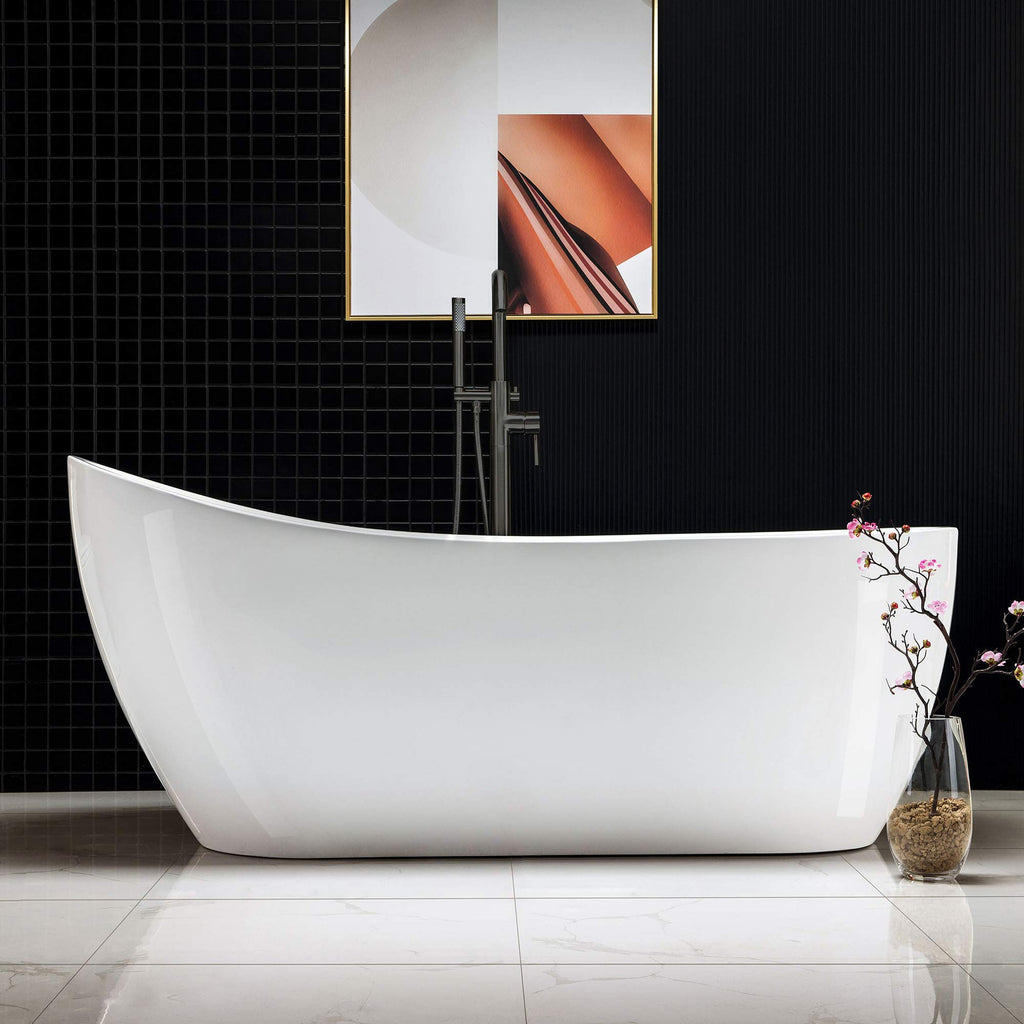 WOODBRIDGE 54"Freestanding White Acylic Soaking Bathtub with Brushed Nickel Drain and Overflow,BTA1507 -B/N-Drain &O