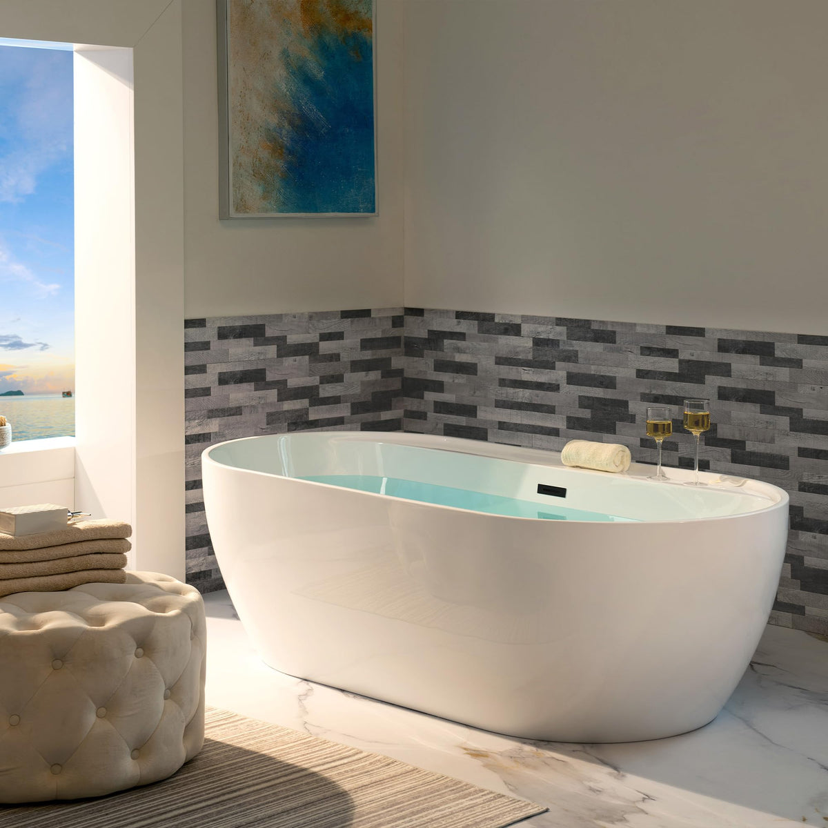 WOODBRIDGE 72" Acrylic Freestanding Bathtub Contemporary Soaking White Tub with Brushed Nickel Overflow and Drain,B0059BN