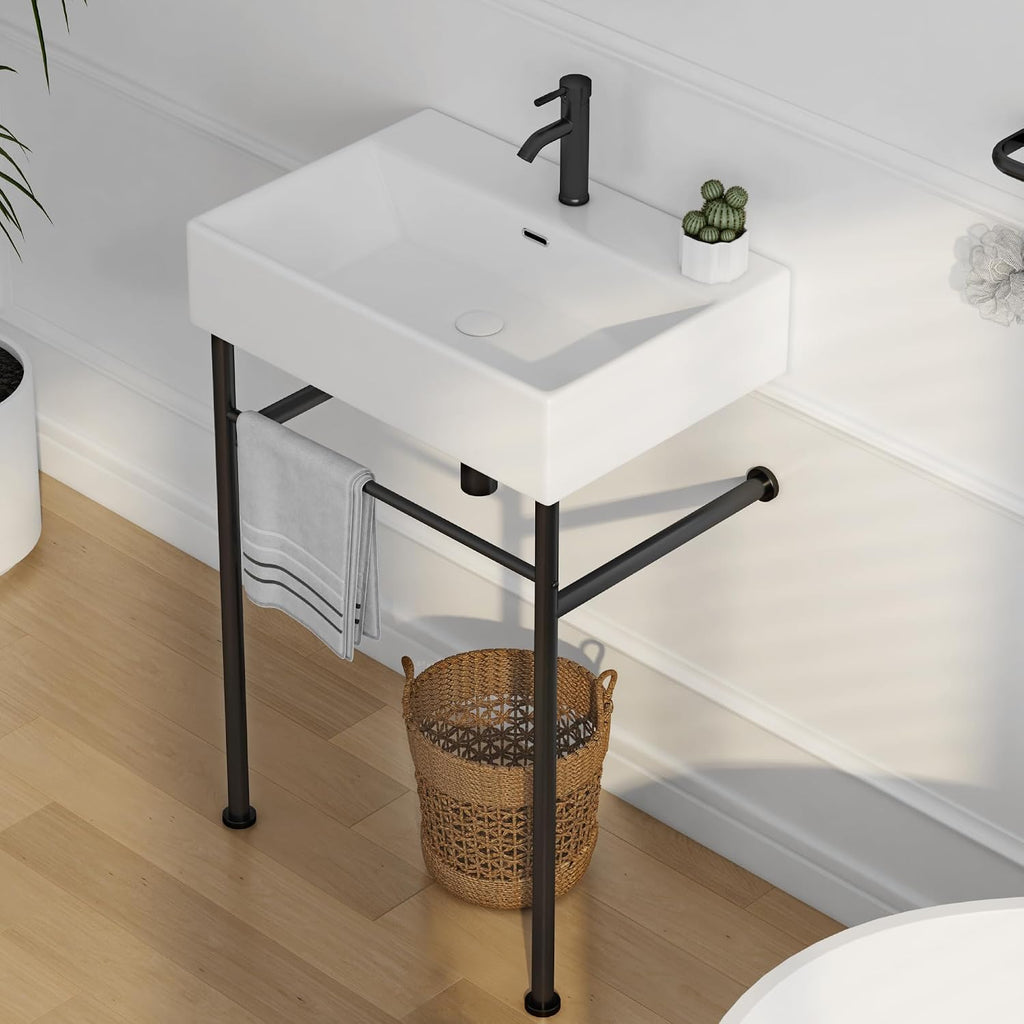 Eridanus 24"x16" Console Bathroom Sink, Free Standing 30 Inch Stainless Steel Support Pedestal Legs, Wall Mount White Vessel Ceramic Vanity Basin, Modern Rectangular Sinks Porcelain, Matte Black