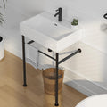 Eridanus 24"x16" Console Bathroom Sink, Free Standing 30 Inch Stainless Steel Support Pedestal Legs, Wall Mount White Vessel Ceramic Vanity Basin, Modern Rectangular Sinks Porcelain, Matte Black
