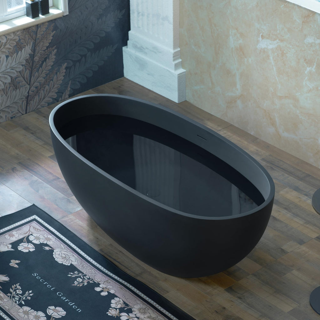 WOODBRIDGE 61" Stone Resin Freestanding Soaking Tub, Modern Oval Solid Surface Bathtub with Integrated Slotted Overflow & Drain, Matte White