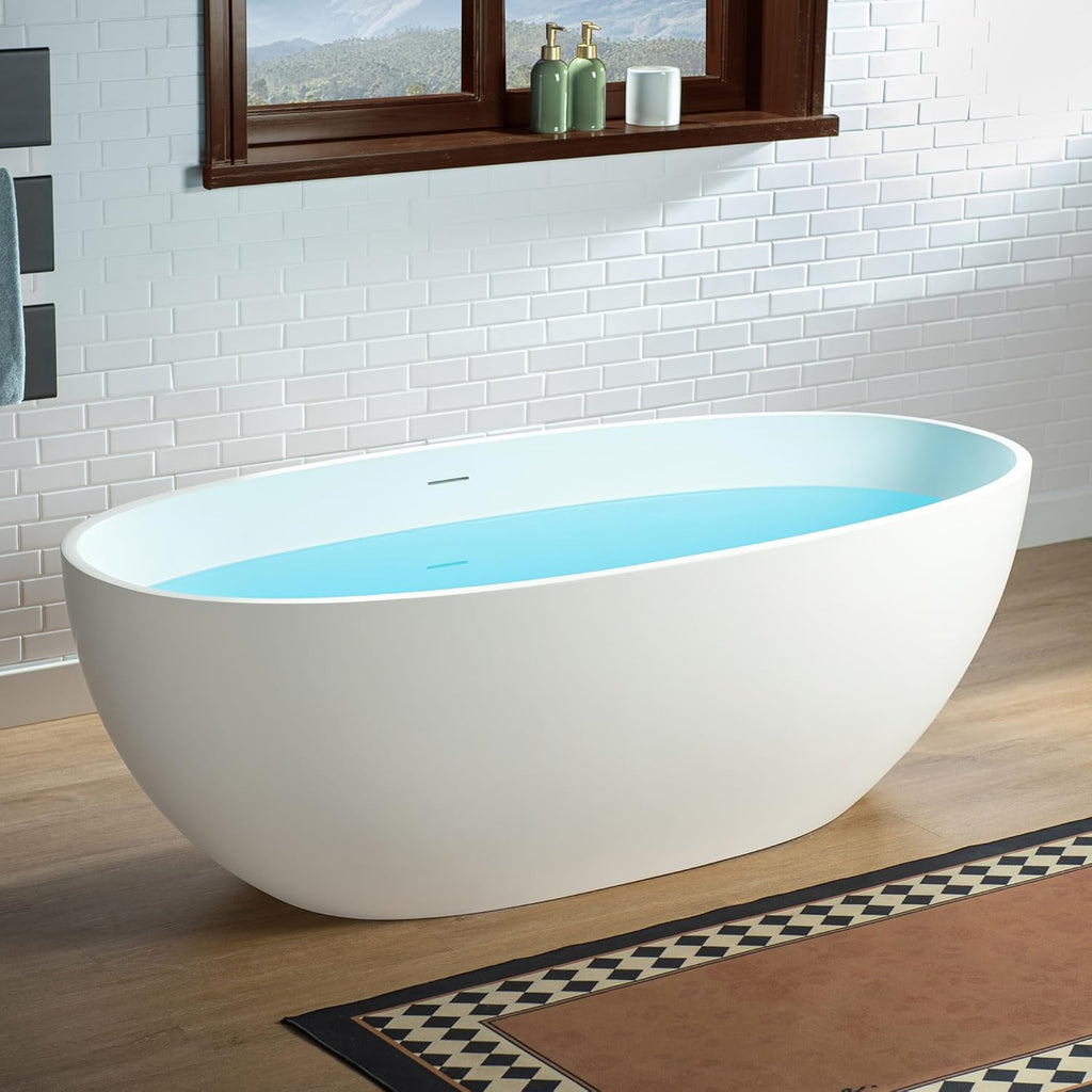 WOODBRIDGE 61" Stone Resin Freestanding Soaking Tub, Modern Oval Solid Surface Bathtub with Integrated Slotted Overflow & Drain, Matte White