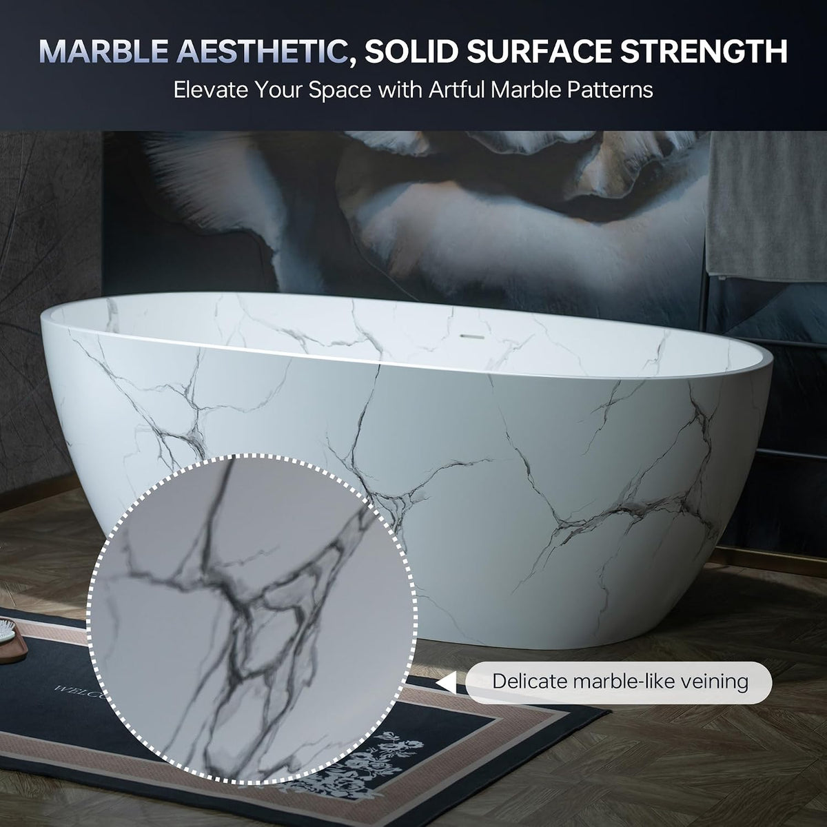 WOODBRIDGE 63" Marble-Pattern Stone Resin Freestanding Soaking Tub, Modern Oval Solid Surface Bathtub with Integrated Slotted Overflow & Drain, Matte Finish, CST0744