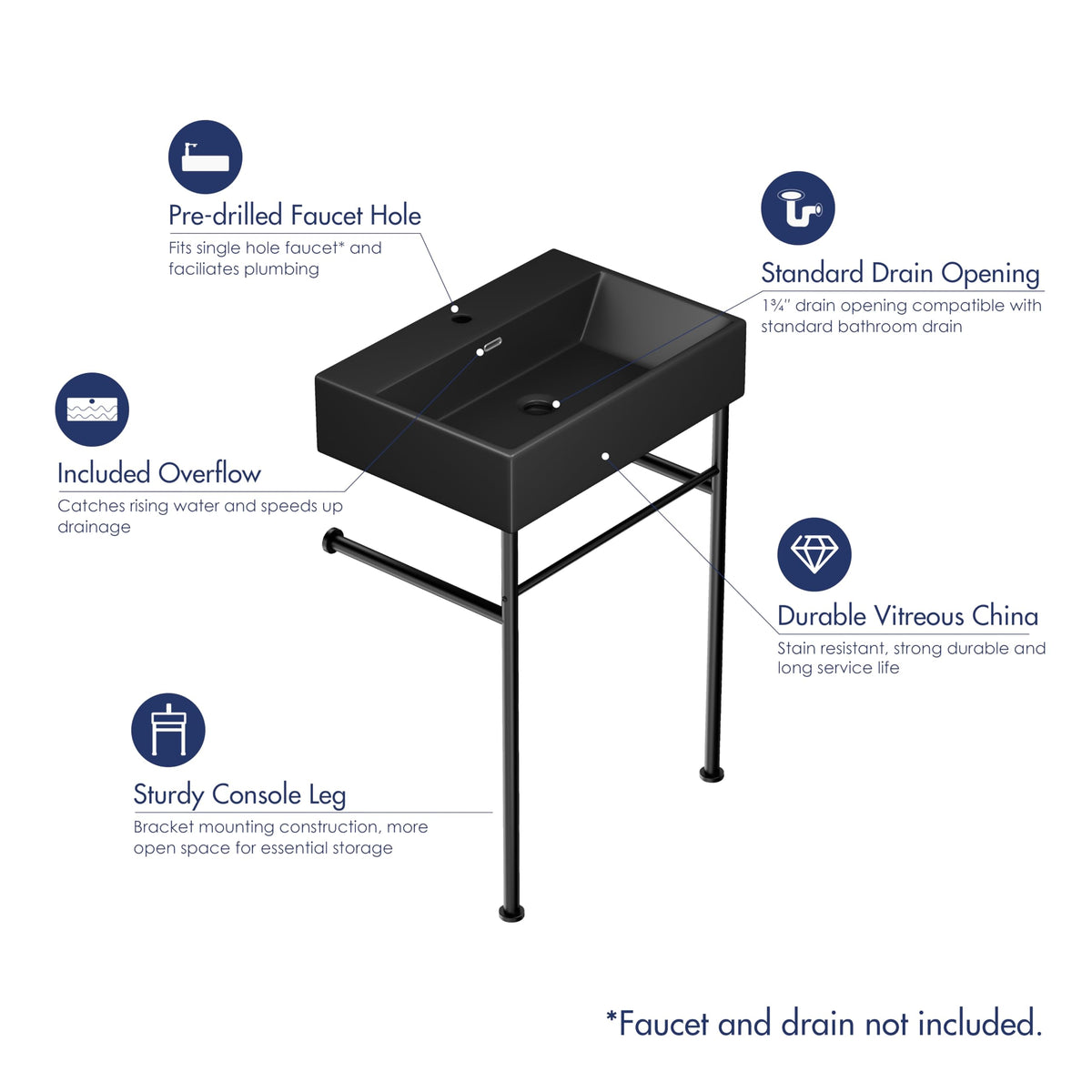 Eridanus 24"x16" Console Bathroom Sink, Free Standing 30 Inch Stainless Steel Support Pedestal Legs, Wall Mount White Vessel Ceramic Vanity Basin, Modern Rectangular Sinks Porcelain, Matte Black