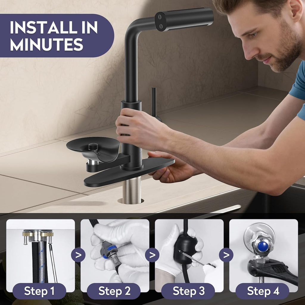 HOWUWEY Black Kitchen Faucet with Pull Down Sprayer & Cup Washer