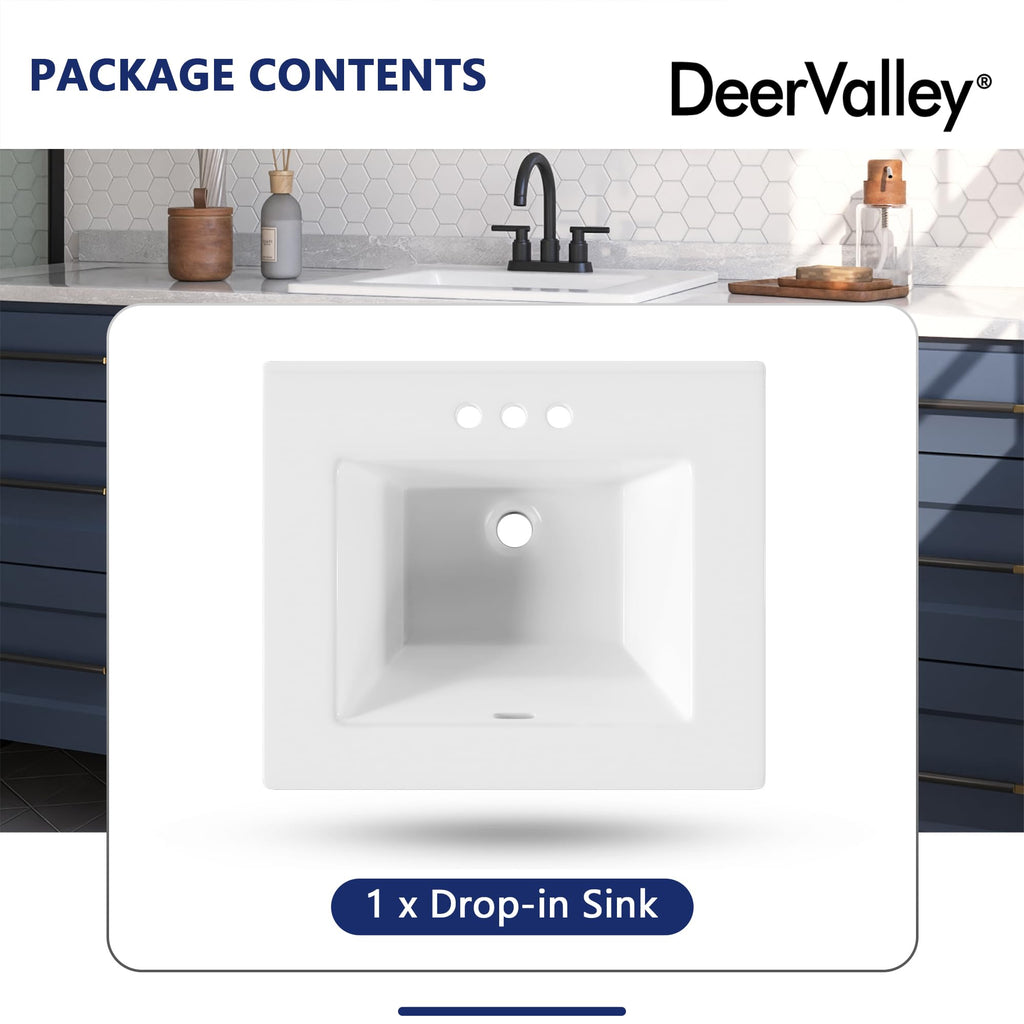 DeerValley Drop In Bathroom Sink White 21"x18" Rectangle Sleek 3-Hole Basin