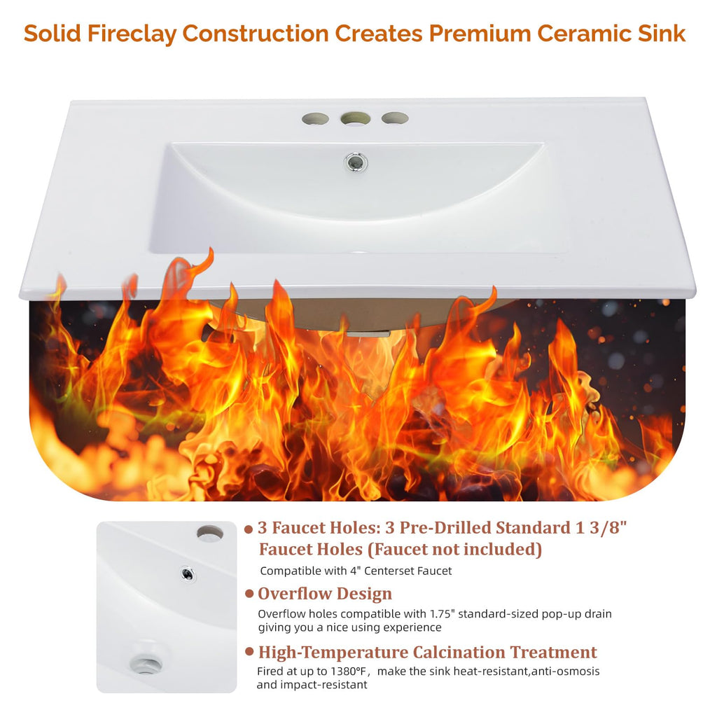 VINGLI 24 In Vanity Top Sink,1 Pre-Drilled Standard 1 3/8" Faucet Hole,1 3/4" Diameter of Center Hole,24 Inch Modern Rectangular Ceramic Single Sink Basin Vanity Top, 24"Wx18.1"Dx6.7"H,White