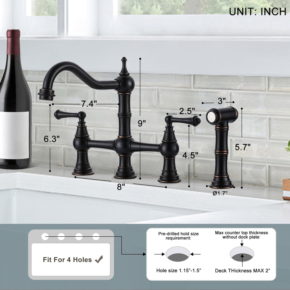 WOWOW Brass Bridge Kitchen Faucet 4 Hole with Side Sprayer, Brushed Gold