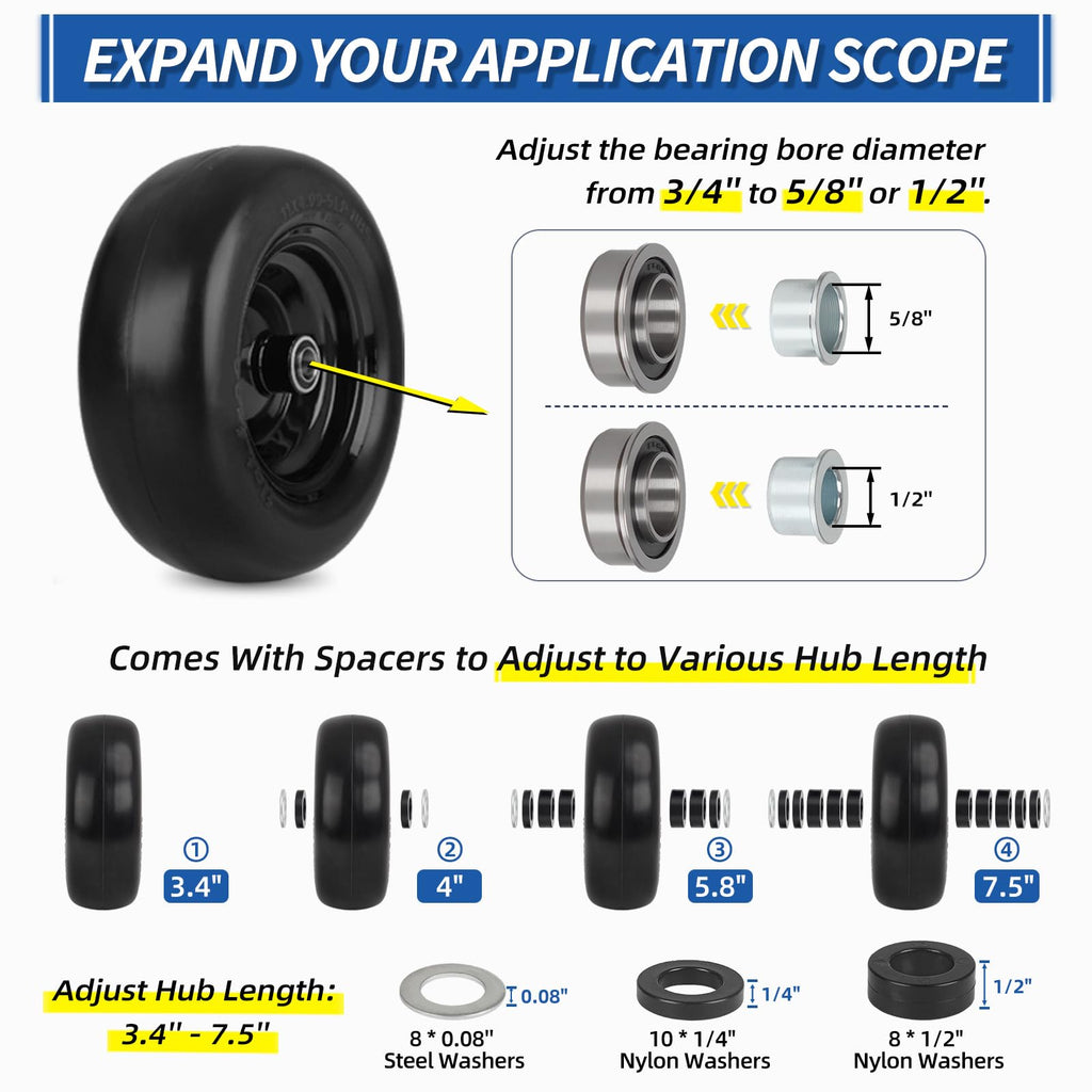 GICOOL 13x6.50-6" Flat-Free Front Tire and Wheel, for Zero-Turn Mower, 2PK