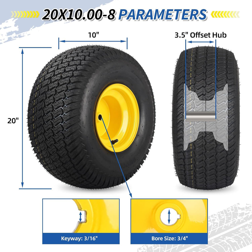 GICOOL 20x10.00-8 Lawn Mower Tire and Wheel, 3/4" Borehole, and 3/16" Keyway, 3.5" Offset Hub, 4 Ply Tubeless Tire, Replacement 20x10-8nhs Riding Lawn Mower and Tractor Rear Tire and Wheel Assemblies