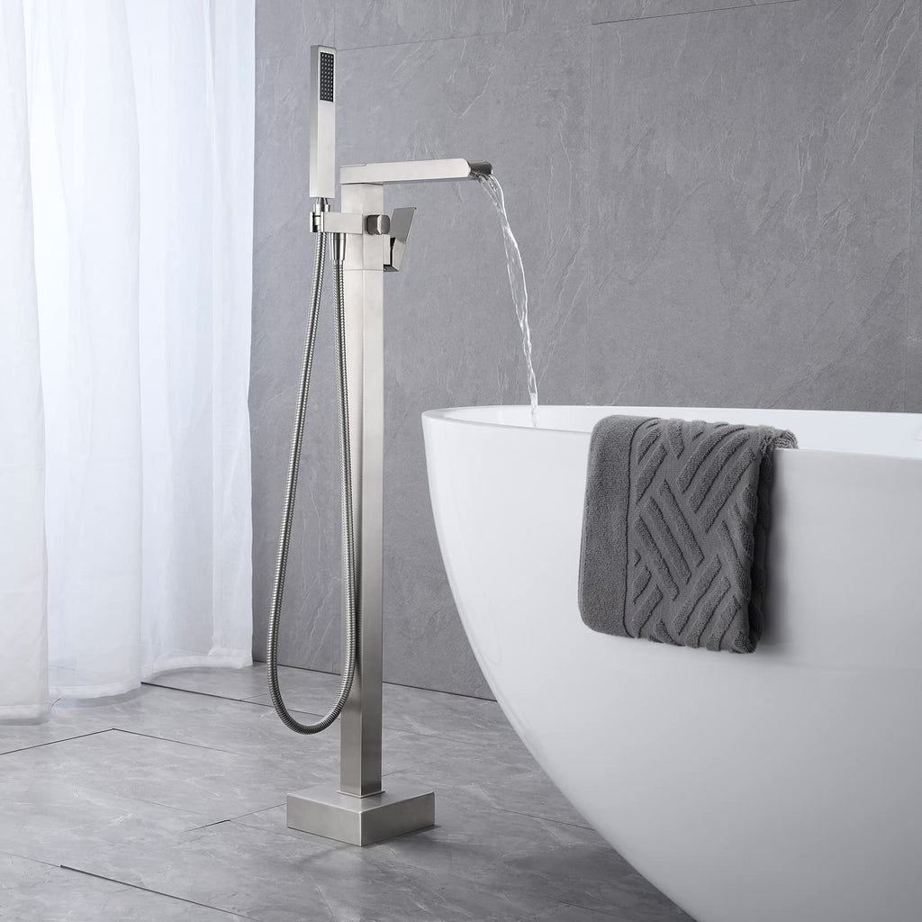 Wowkk Waterfall Tub Filler Freestanding Bathtub Faucet Black Floor Mount Brass Single Handle Bathroom Faucets with Hand Shower